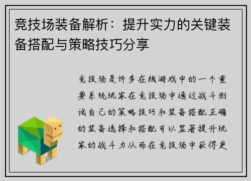 竞技场装备解析：提升实力的关键装备搭配与策略技巧分享